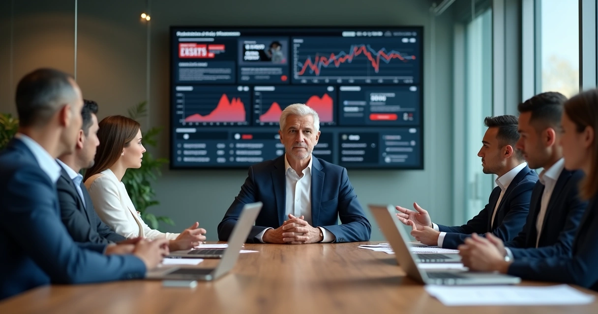 Líder em reunião avaliando crise de reputação com equipe na empresa 