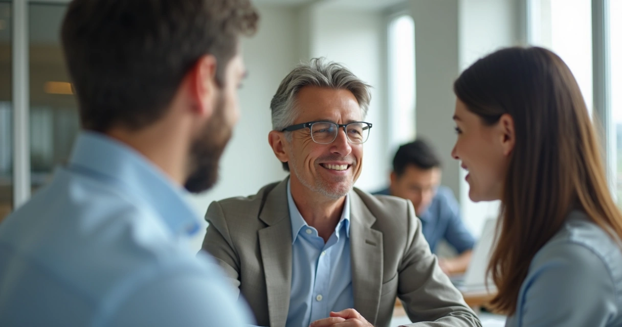 Líder de equipe escutando atentamente um colaborador, sorrindo levemente, ambiente corporativo claro 