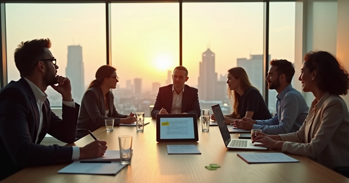 Líder em reunião refletindo diante de um dilema ético com equipe ao redor 