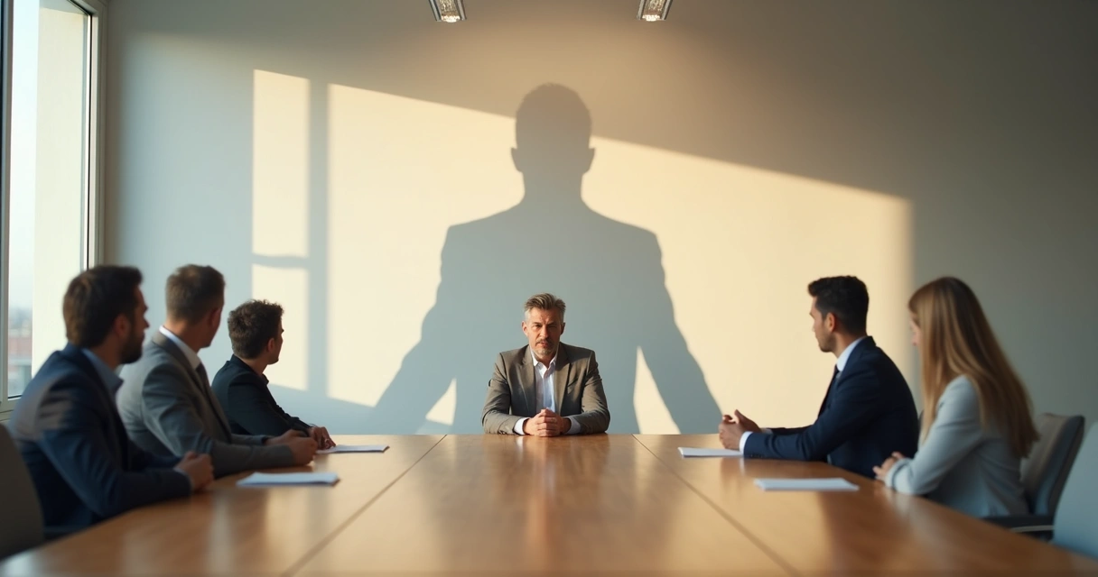 Líder sentado em sala de reunião com sombra maior projetada na parede atrás 