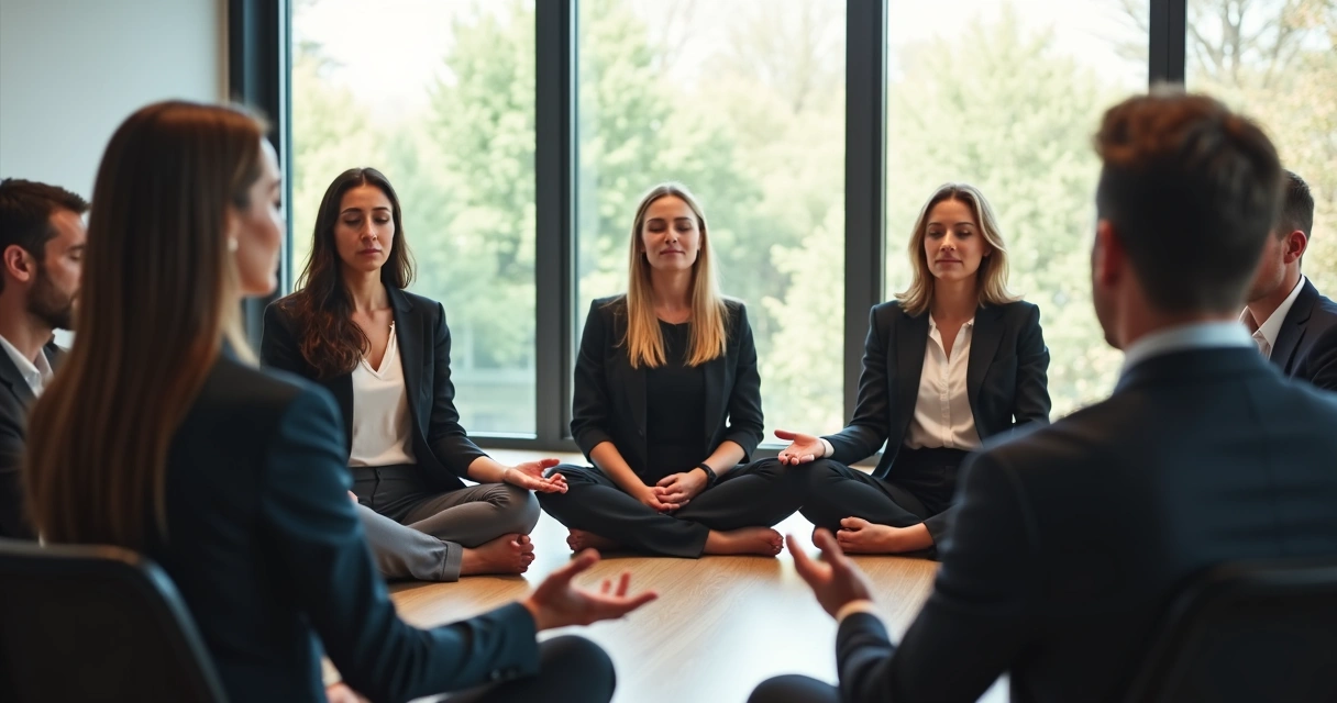 Equipe reunida em círculo, todos com olhos fechados, fazendo respiração profunda juntos. 