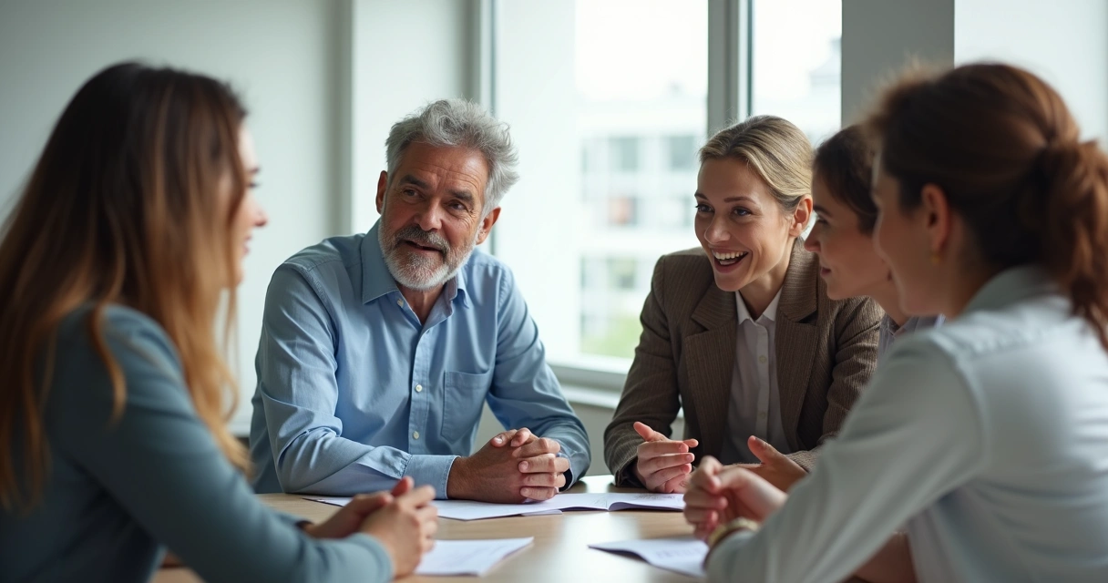 Reunião com líder ouvindo todos com atenção e ambiente harmonioso