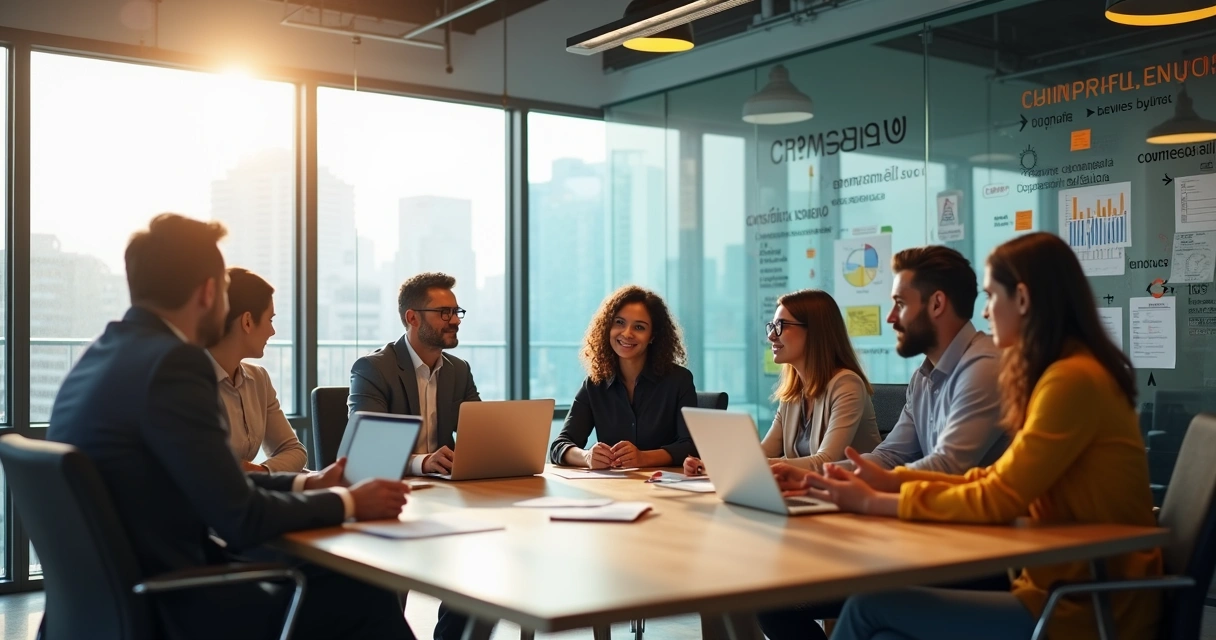 Líder em reunião colaborativa com equipe em ambiente corporativo moderno 