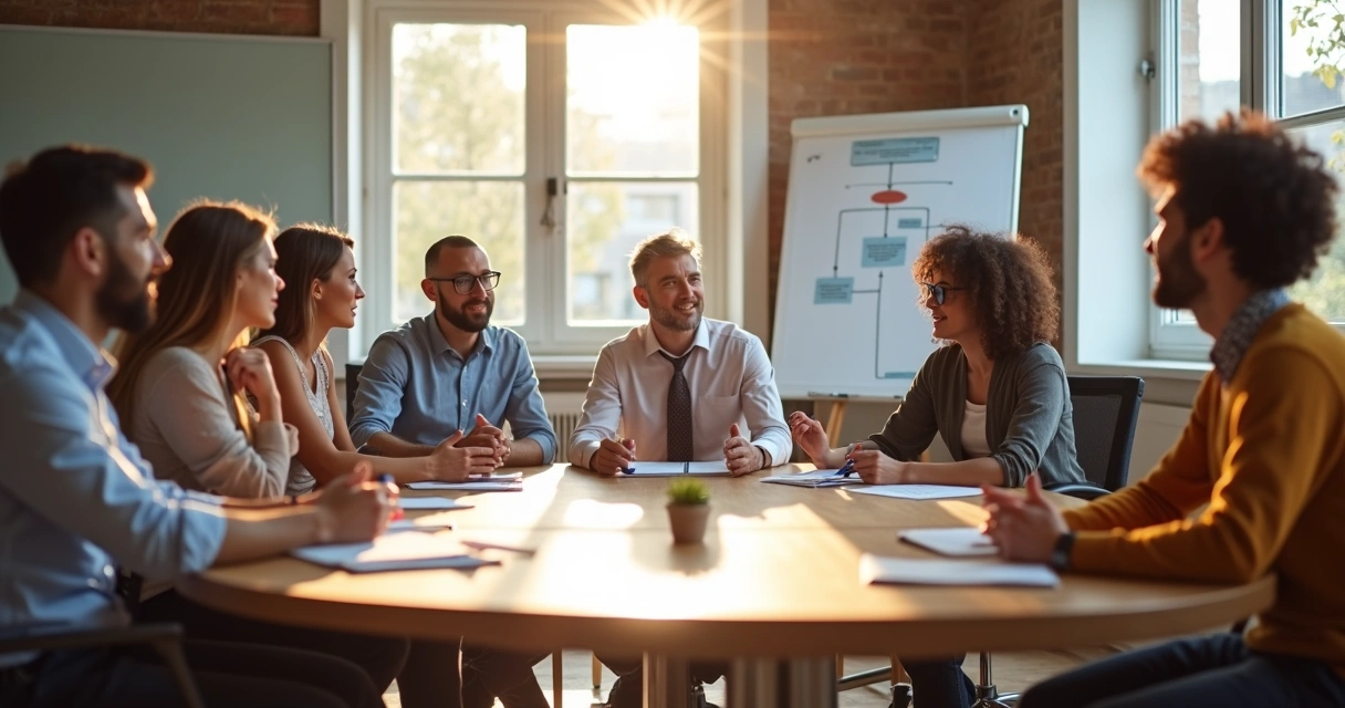 Líder ao centro de uma mesa redonda, colaboradores ao redor discutindo em sala iluminada natural
