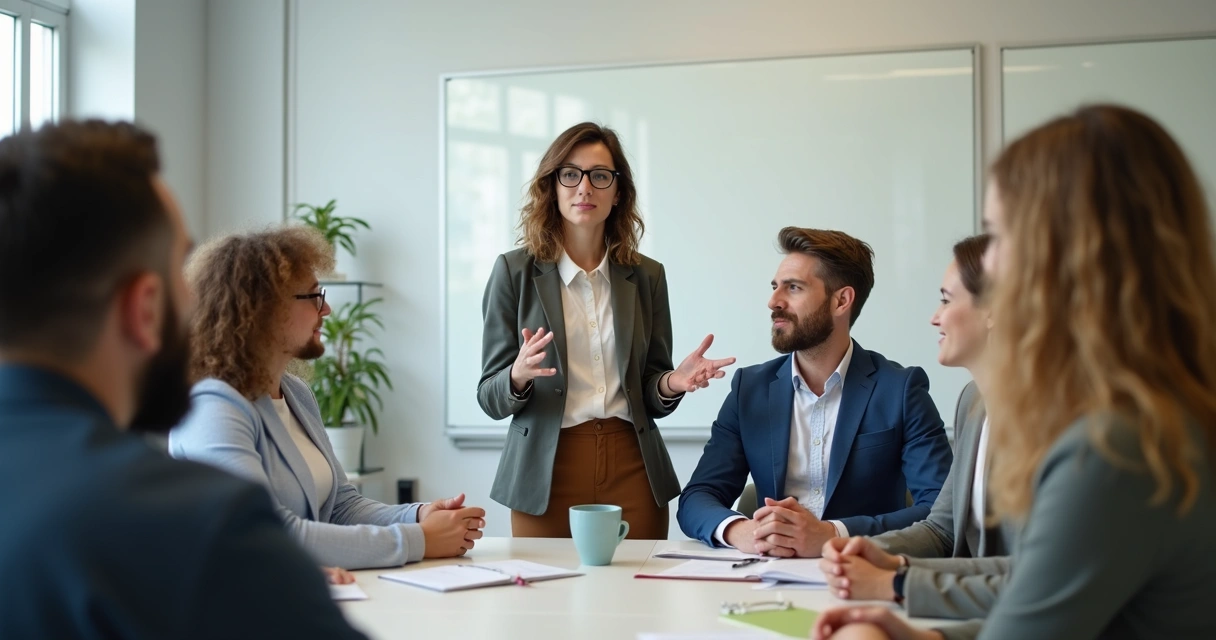 Grupo de trabalho em círculo, líder falando e ouvindo equipe com atenção, ambiente harmonioso 