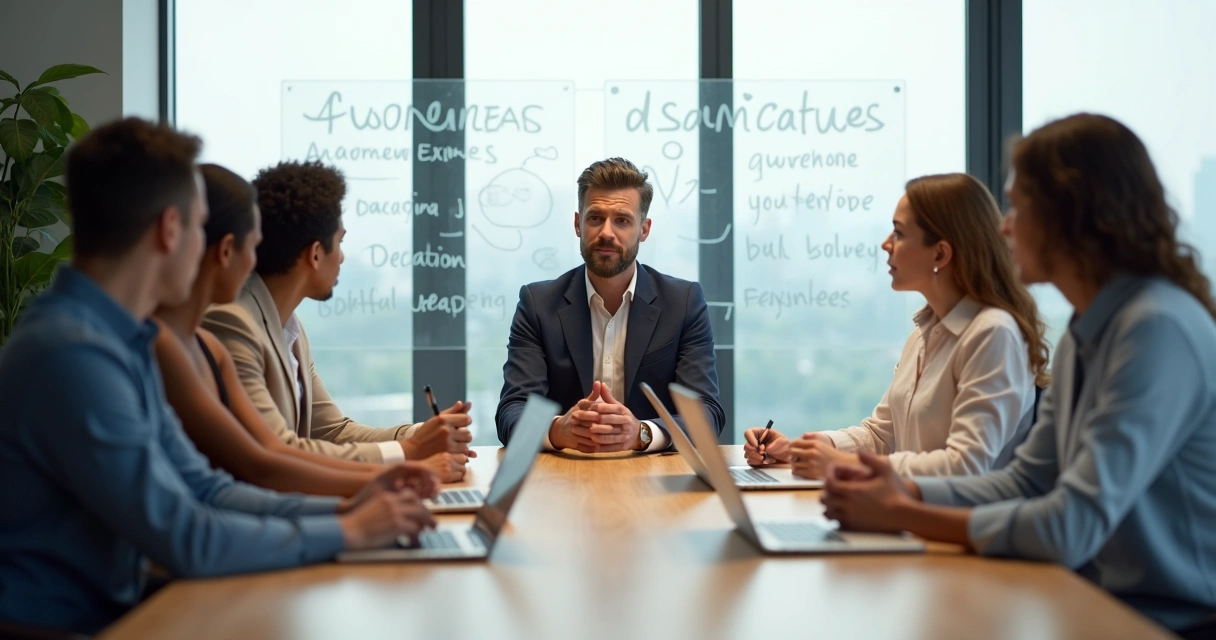 Líder em reunião guiando equipe com postura calma e consciente 