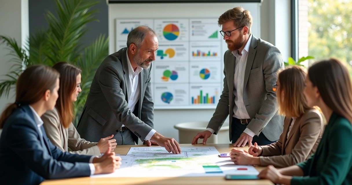 Líder reunido com equipe visando desenvolvimento sustentável. 