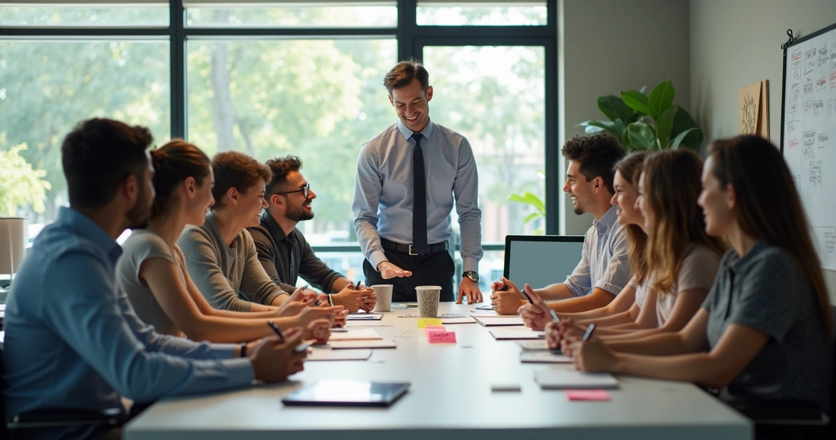 Líder orientando equipe em reunião informal 