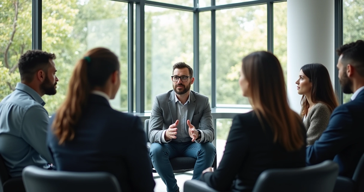 Equipe de trabalho reunida em círculo em sala iluminada de escritório, líder ao centro conversando com todos 