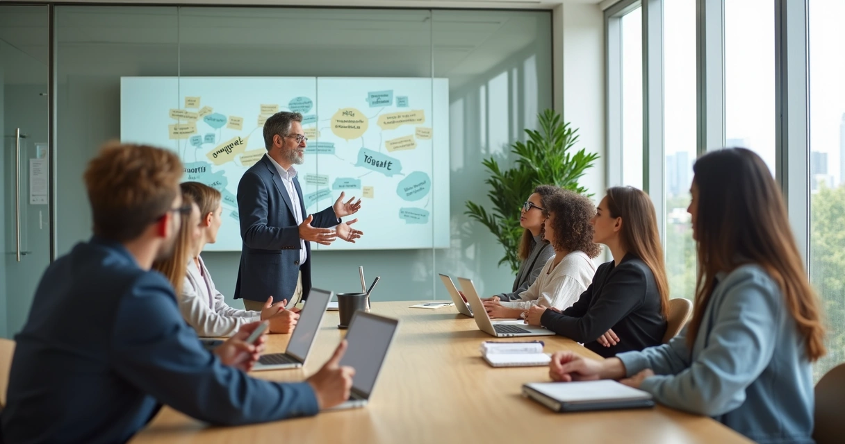 Gestor conduz reunião com equipe diversa em sala moderna iluminada 