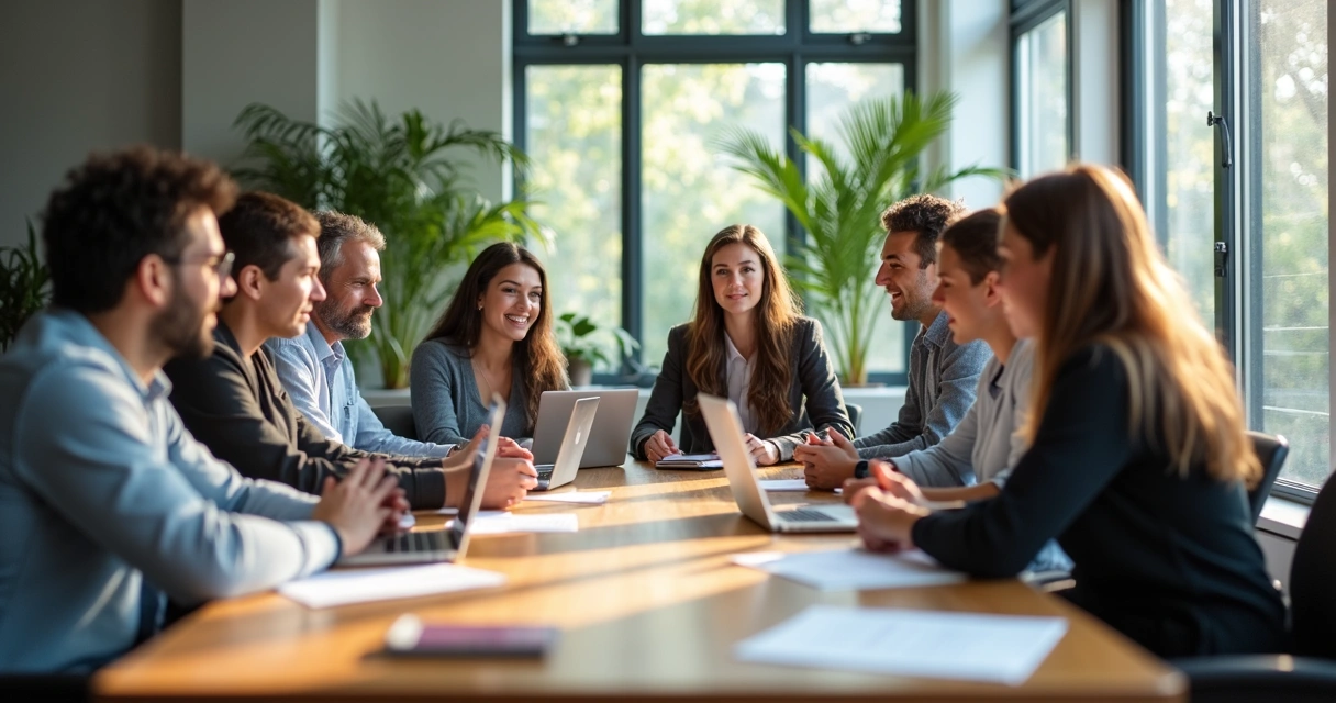 Grupo de pessoas diversas reunidas ao redor de uma mesa de trabalho