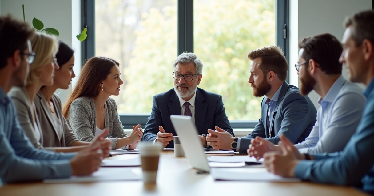 Grupo de pessoas diversas reunidas ao redor de uma mesa, trabalhando de forma colaborativa 