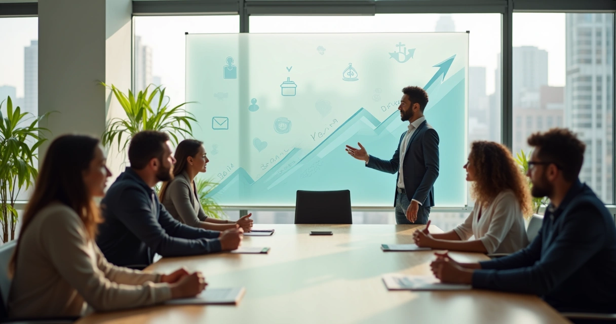Líder em reunião com equipe diversa em ambiente moderno e acolhedor 
