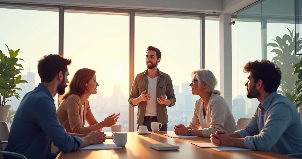 Líder falando com equipe diversa em reunião informal 