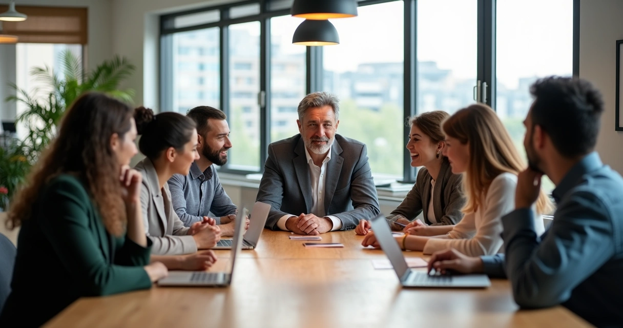 Líder em reunião acolhedora com equipe engajada em escritório moderno 