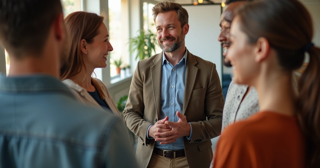 Líder e equipe sorrindo em ambiente corporativo saudável 