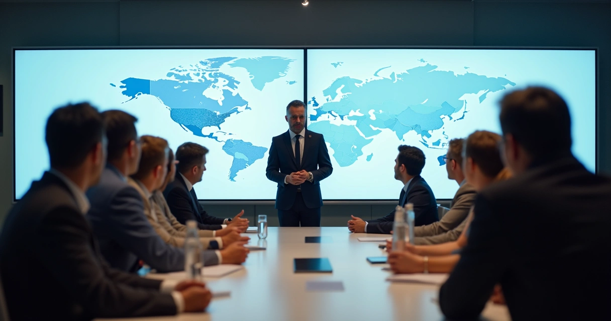 Líder facilitando discussão entre equipe grande, todos atentos, clima saudável e produtivo.