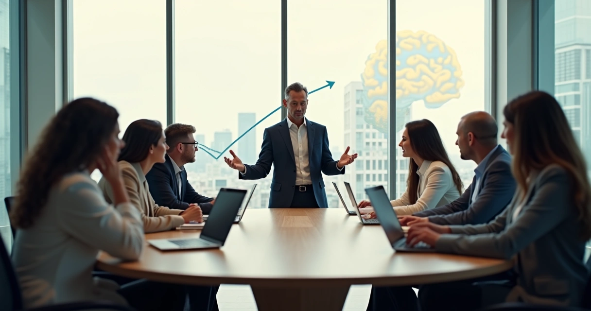 Líder em reunião com equipe em mesa redonda conectando consciência e desempenho organizacional 