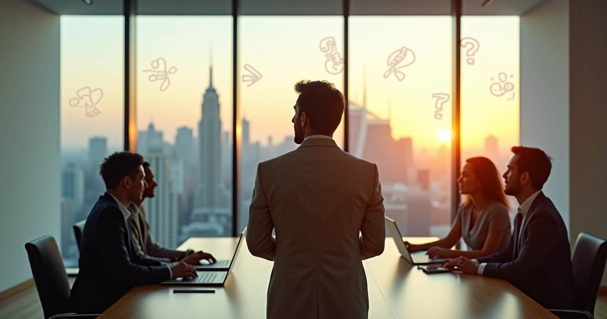 Líder em reunião com equipe vendo seu próprio reflexo em parede de vidro 