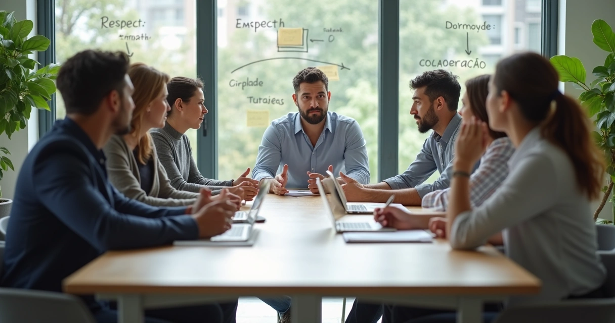 Líder facilitando diálogo construtivo em reunião de equipe diversa 