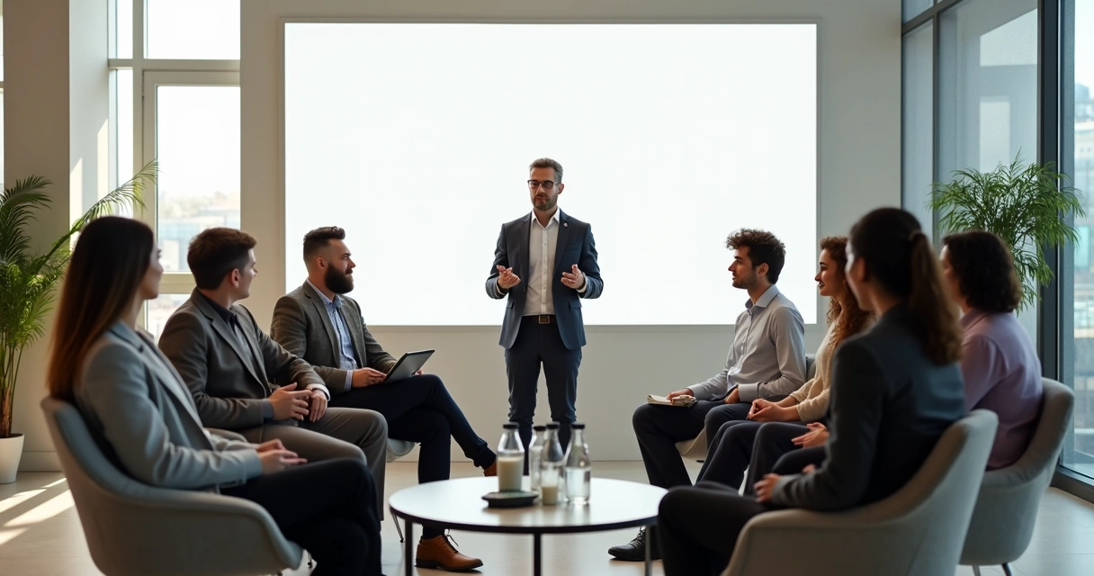 Líder facilitando conversa em roda com equipe em ambiente de trabalho moderno 