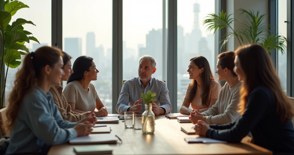 Líder em reunião com equipe em círculo em ambiente moderno e sereno 