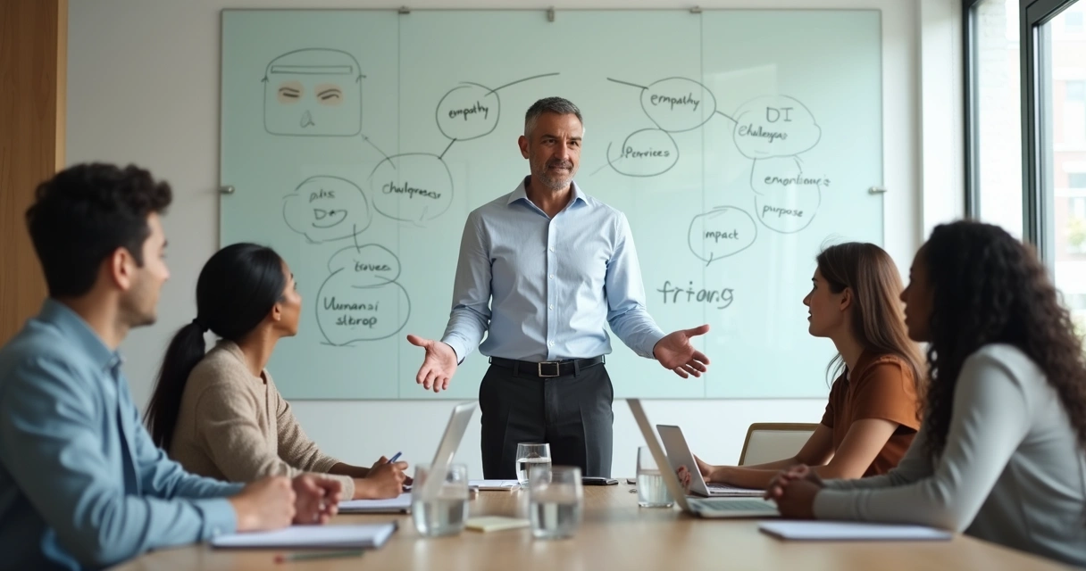 Líder facilitando diálogo consciente com equipe em reunião de negócios 