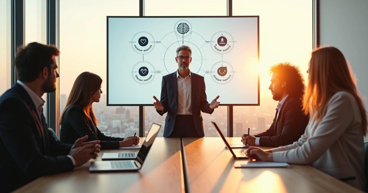 Líder em reunião guiando equipe diversa em ambiente corporativo moderno 