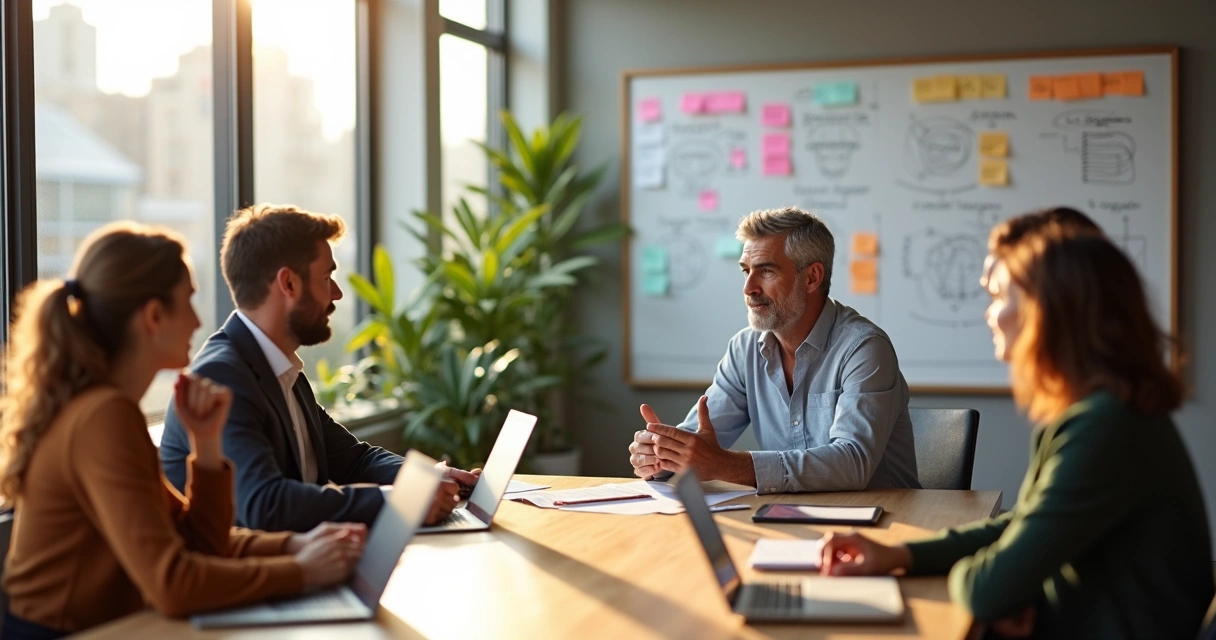 Líder escutando equipe em reunião colaborativa em escritório moderno 