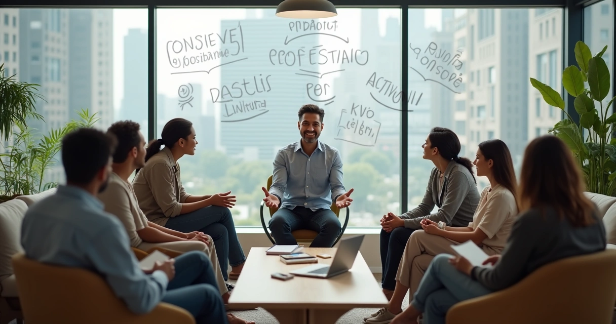 Líder facilitando conversa em roda com equipe em escritório moderno 