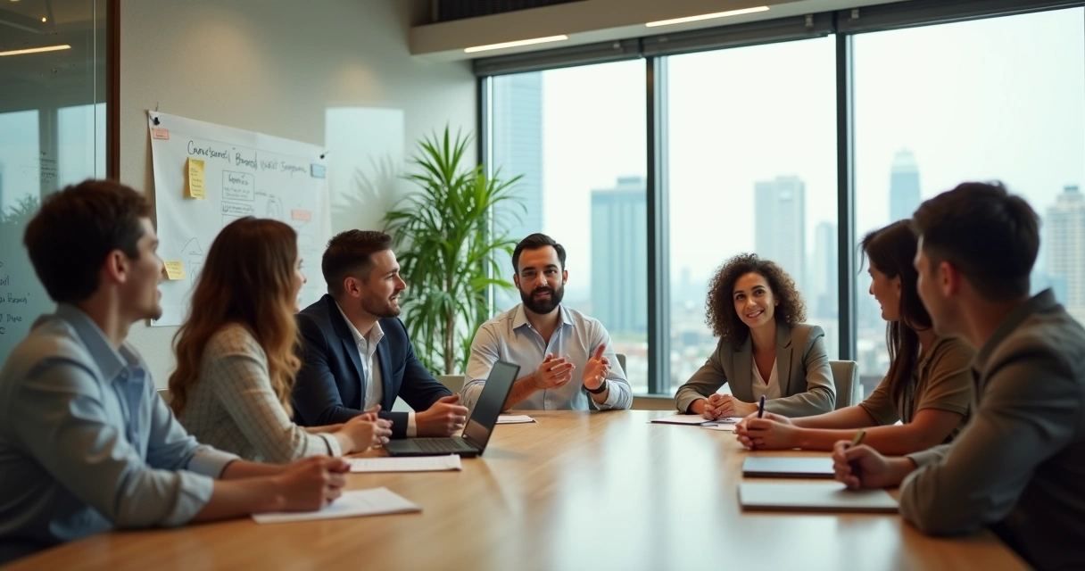 Líder guiando reunião colaborativa com equipe em escritório moderno 