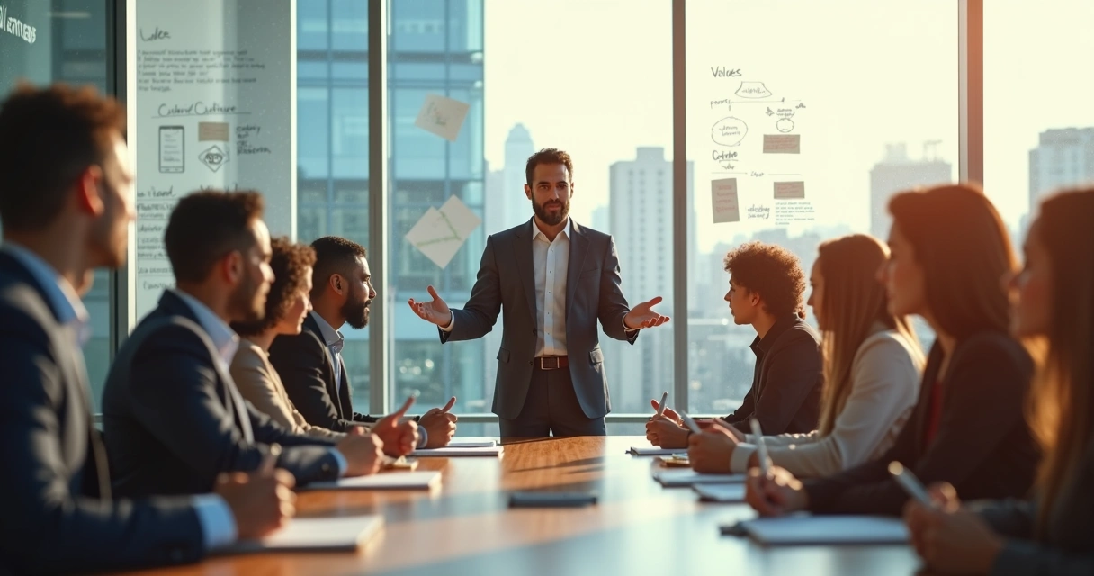 Líder guiando reunião com equipe diversa em ambiente corporativo moderno 