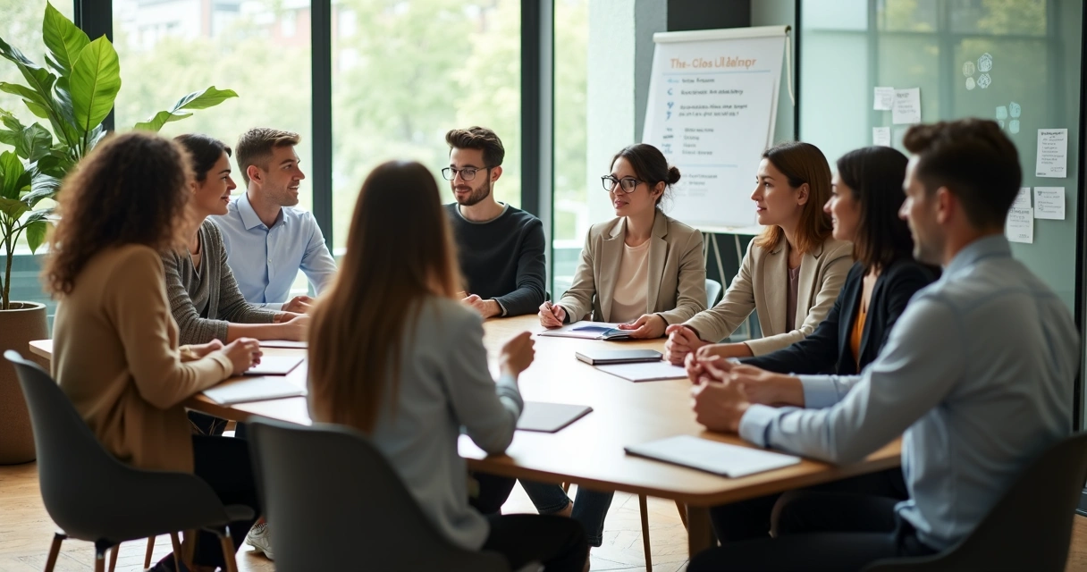 Líder facilitando diálogo em círculo com equipe diversa em escritório iluminado 
