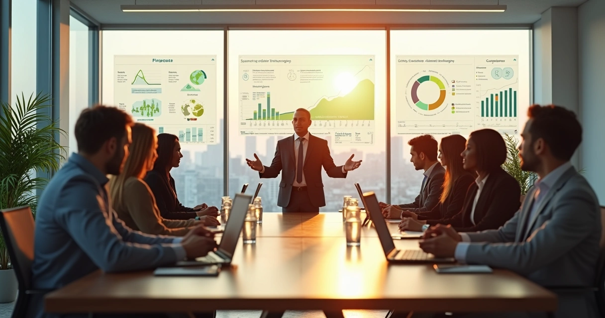 Executivos em reunião estratégica com gráficos de sustentabilidade e propósito na parede 