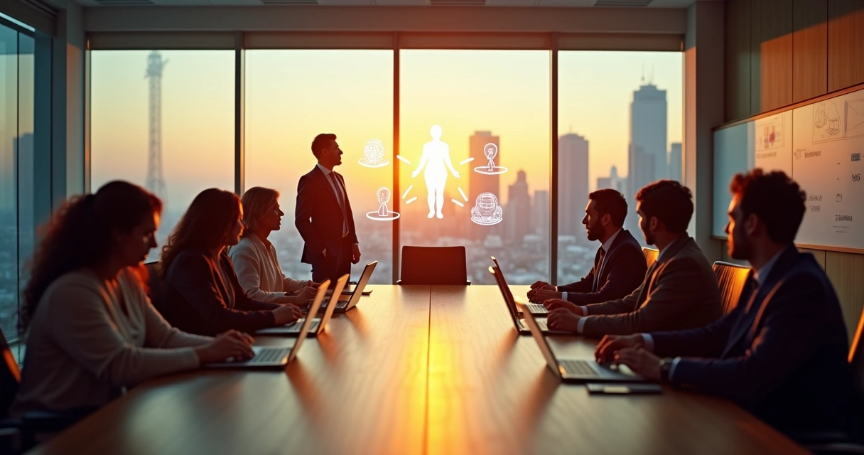 Executivos em reunião com líder em pé diante de janela simbolizando consciência e ética nas decisões 