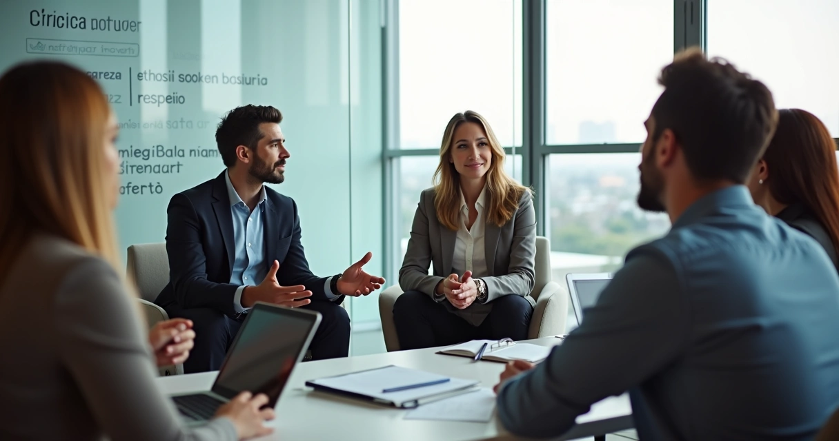 Líder e equipe em reunião de feedback em círculo, com clima calmo e colaborativo 