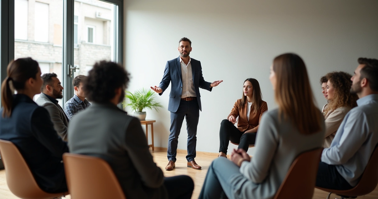 Líder em pé falando para equipe reunida em círculo 
