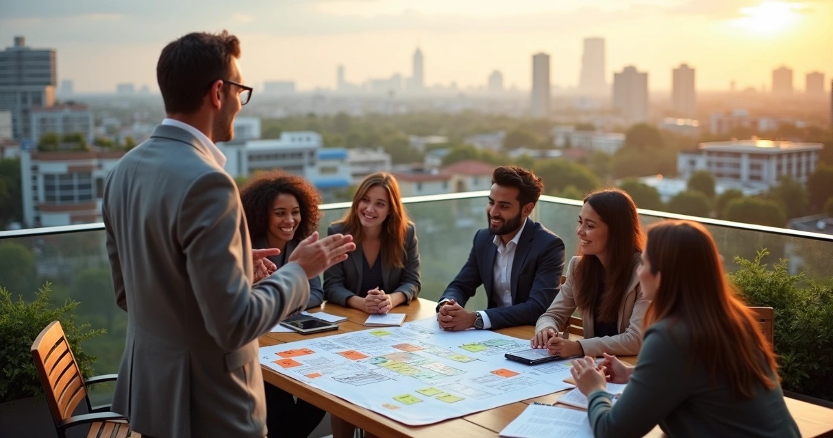 Líder guiando equipe diversa em ambiente urbano com foco em impacto social 