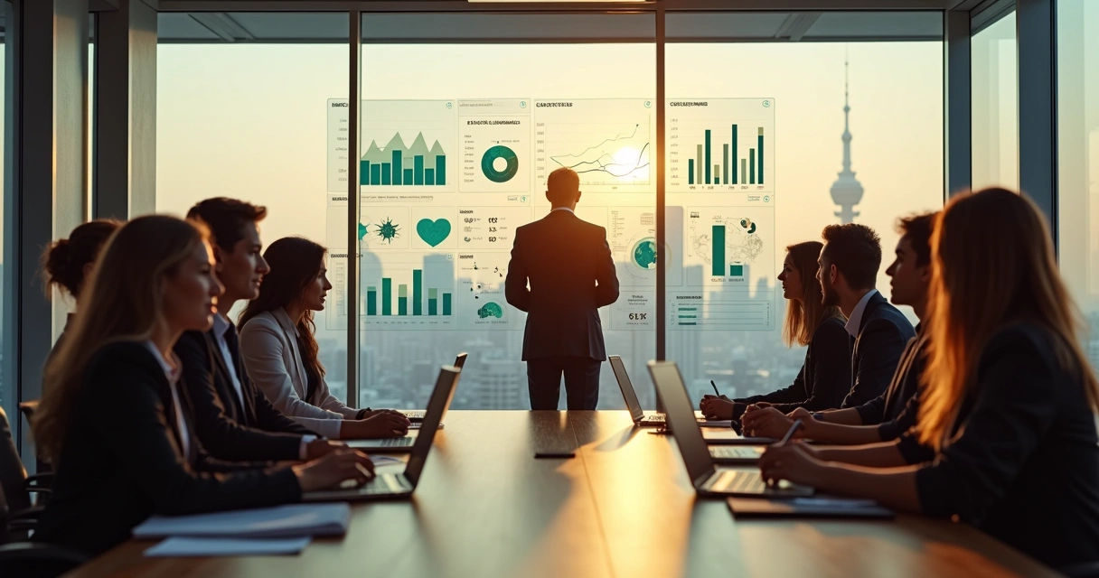 Líder observando painel de indicadores que conecta propósito e desempenho em ambiente corporativo moderno 