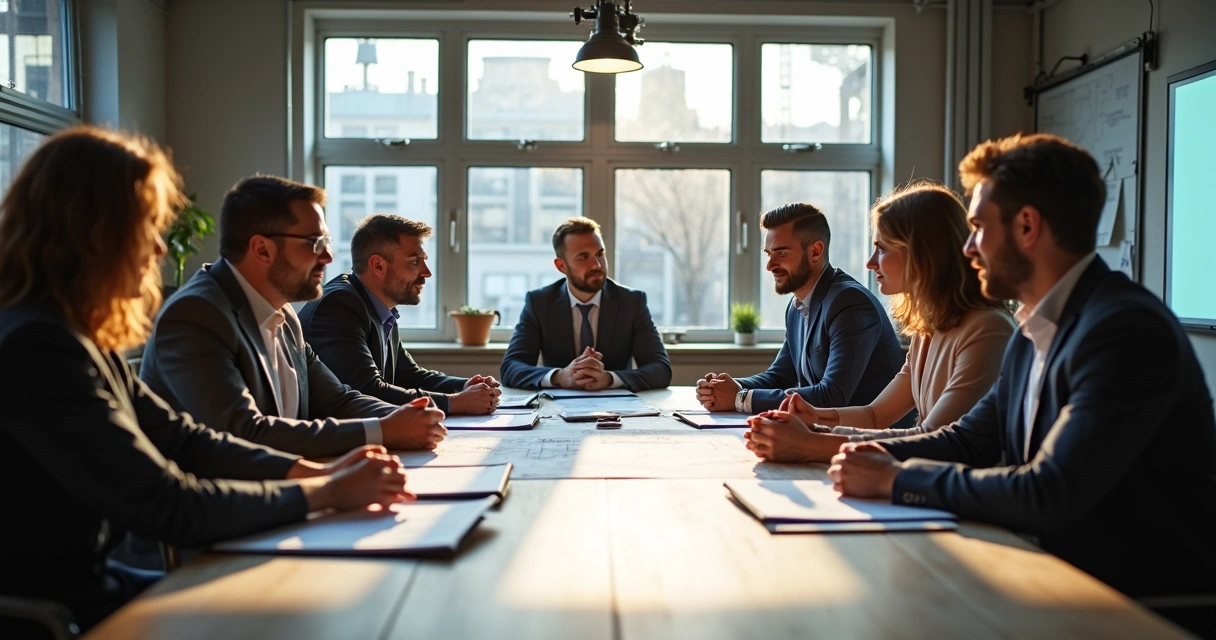 Sala de reunião com equipe multinacional trabalhando em uma indústria tradicional