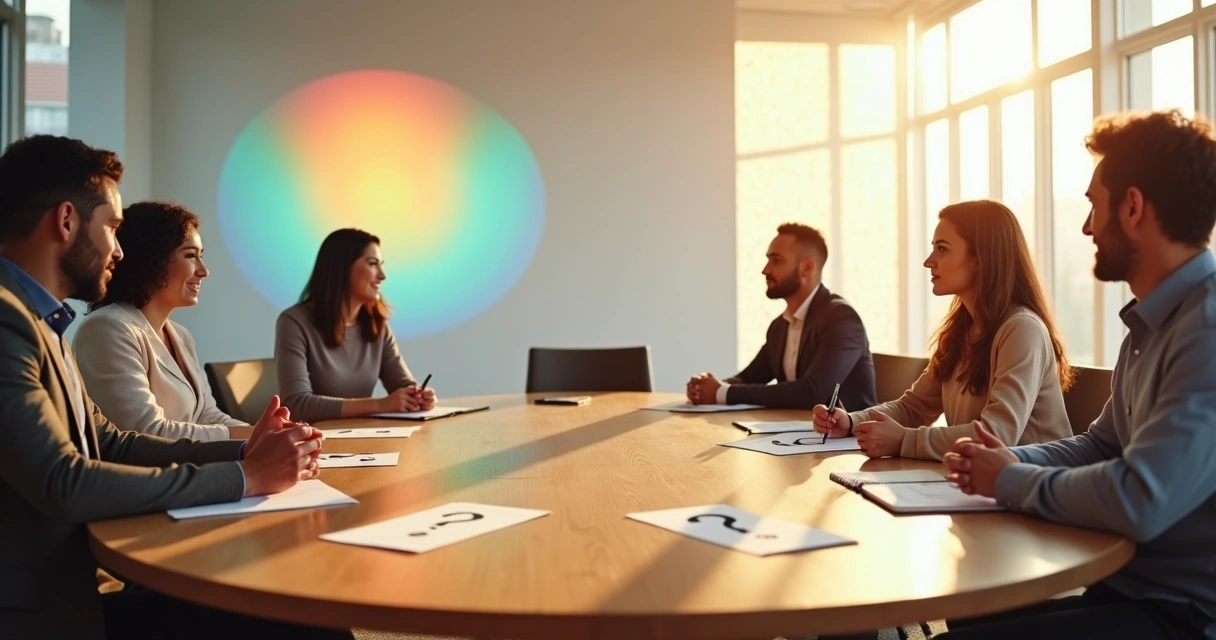 Grupo diverso em mesa redonda projetando reflexos de luzes sobre a parede 
