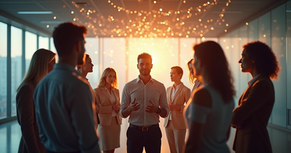 Líder empresarial no centro de uma equipe diversa, com linhas simbólicas conectando todos os membros. 