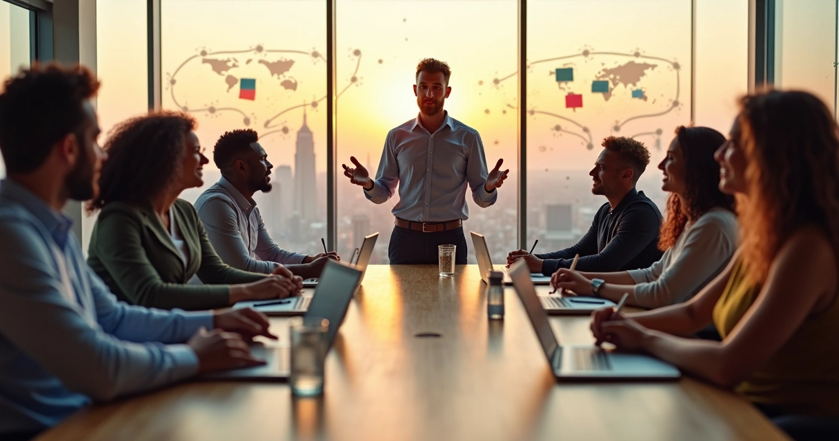 Grupo diverso em reunião de liderança colaborativa 