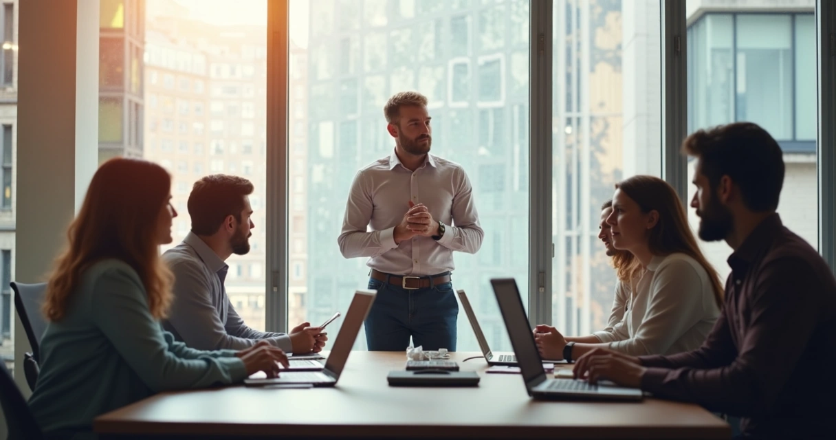 Líder pensativo observando equipe durante reunião. 