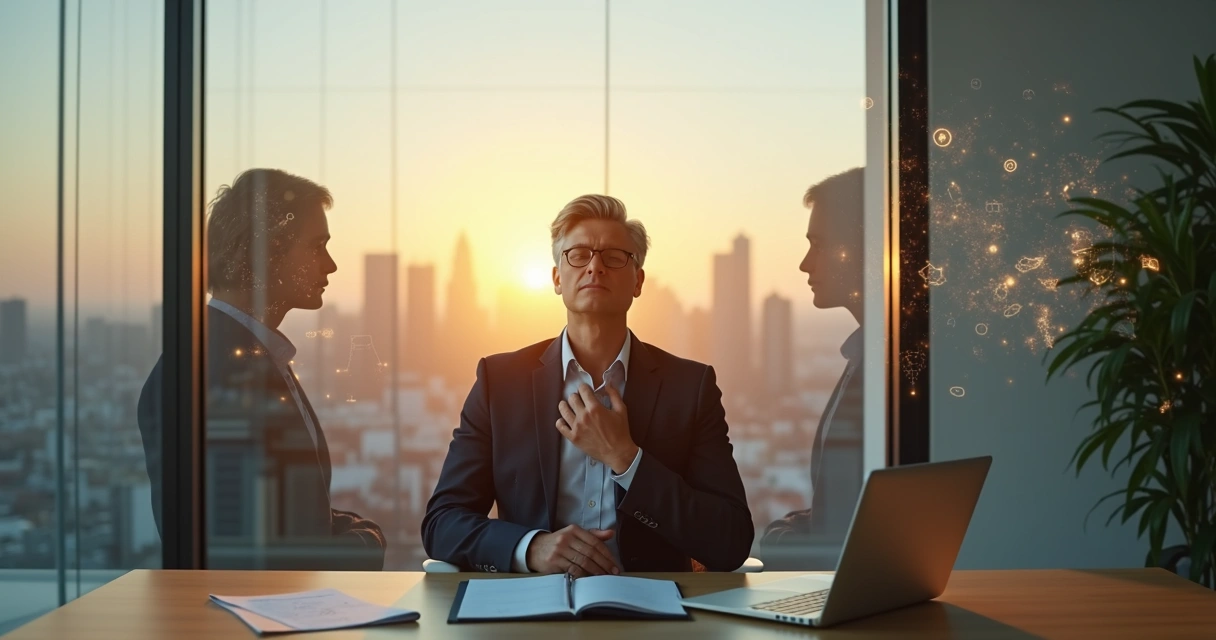 Líder observando reflexo fragmentado entre razão e emoção em ambiente corporativo 