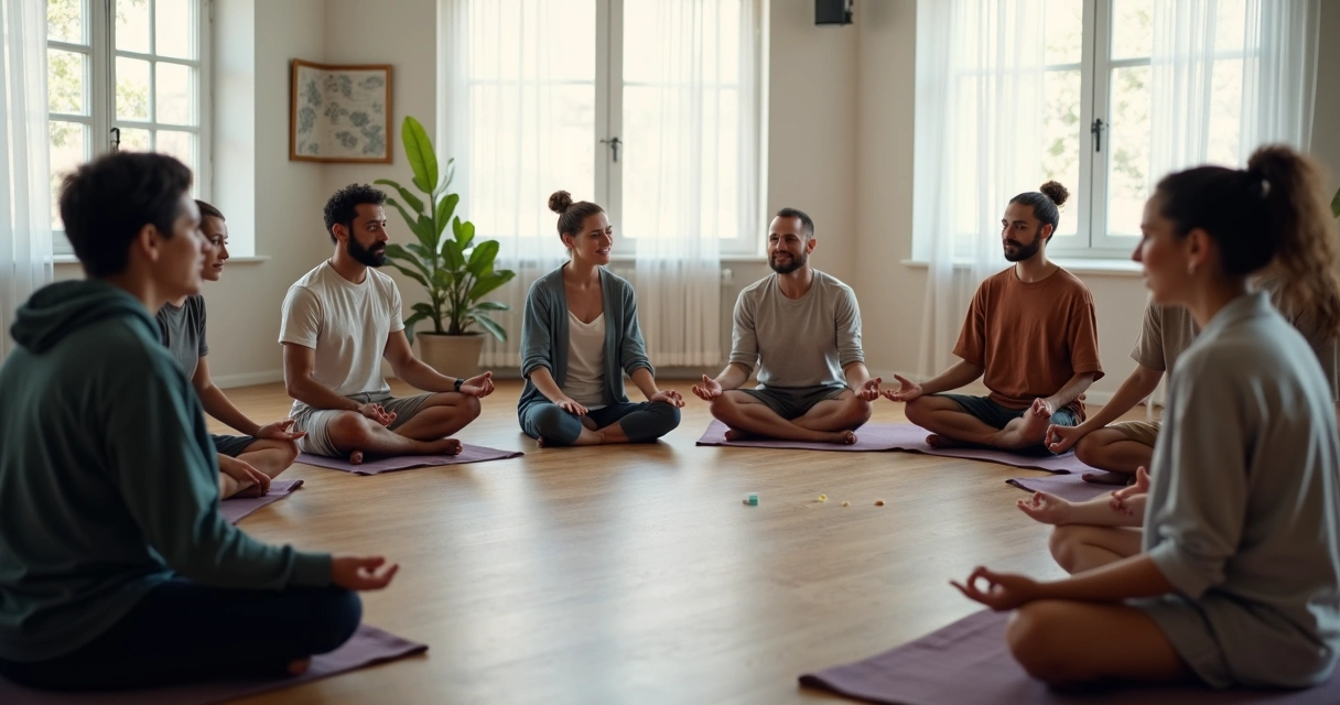 Grupo de pessoas em círculo participando de dinâmica de liderança 