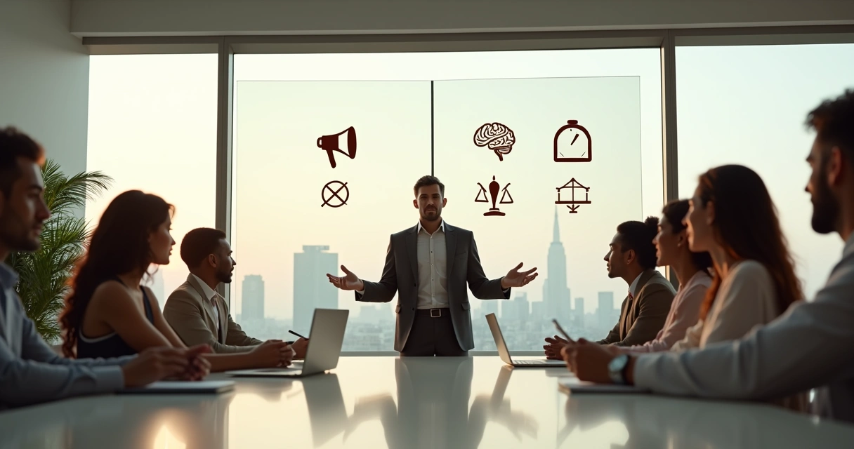 Líder em reunião quebrando padrões tradicionais de liderança em um ambiente corporativo moderno 