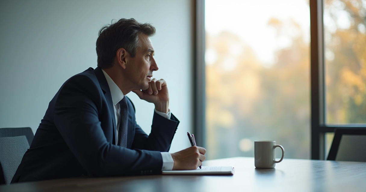 Líder sentado em mesa de reunião refletindo sozinho com caderno. 