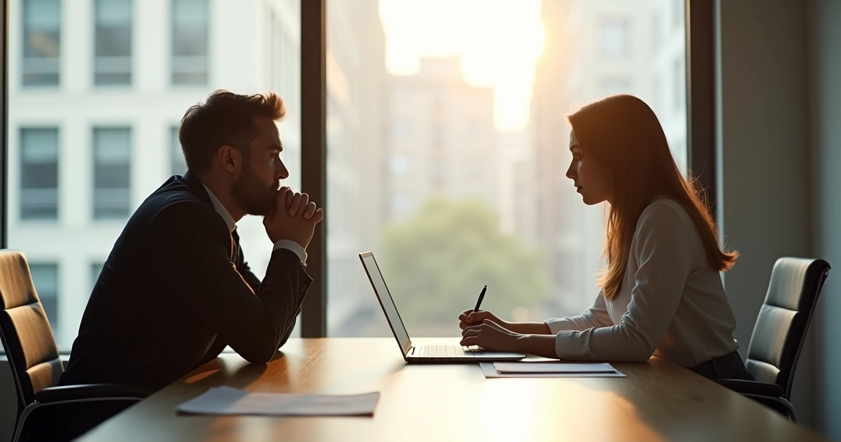 Líder refletindo sentado em mesa de reunião, luz suave vinda de janela ao fundo 