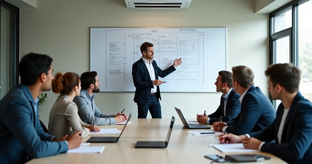 Reunião de equipe com diversidade racial e de gênero em uma sala bem iluminada, com líder explicando estratégia em quadro branco
